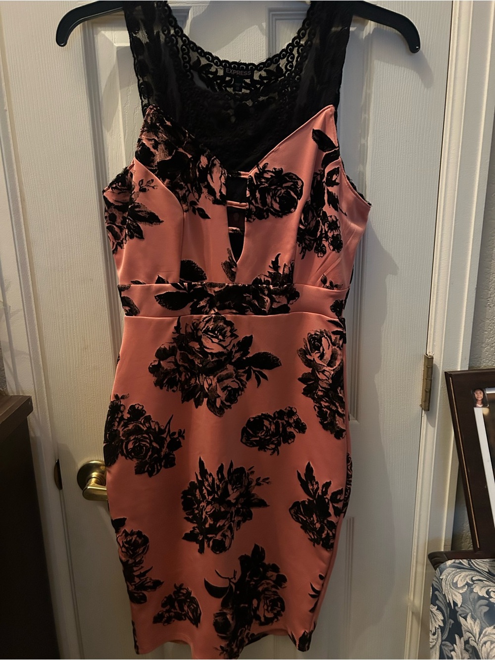 Express Pink Midi Dress with Black Floral Lace Accents size XL.